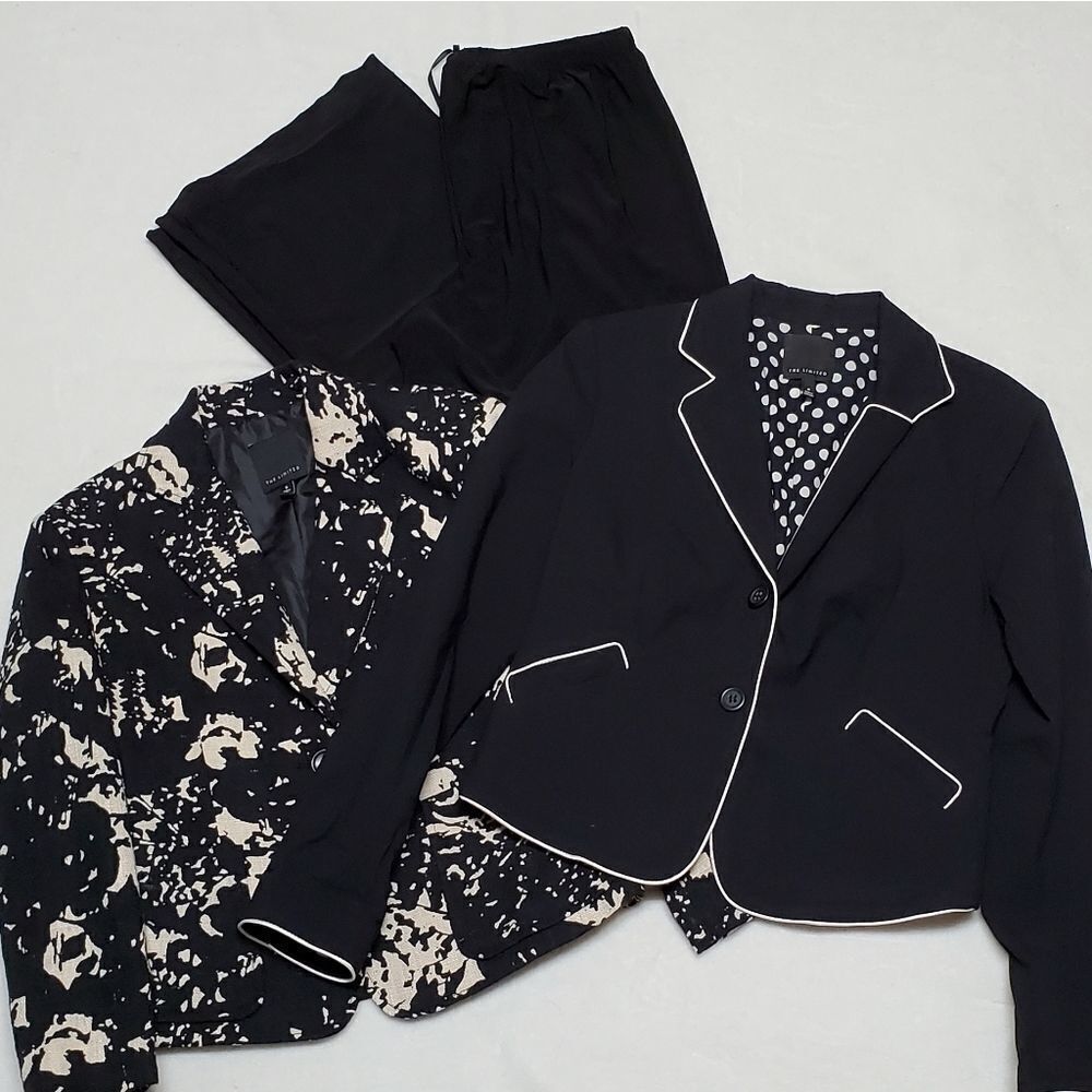 THE Limited 3-Piece Suit Black Floral White Piping Wide Leg Stretchy Pant Blazer